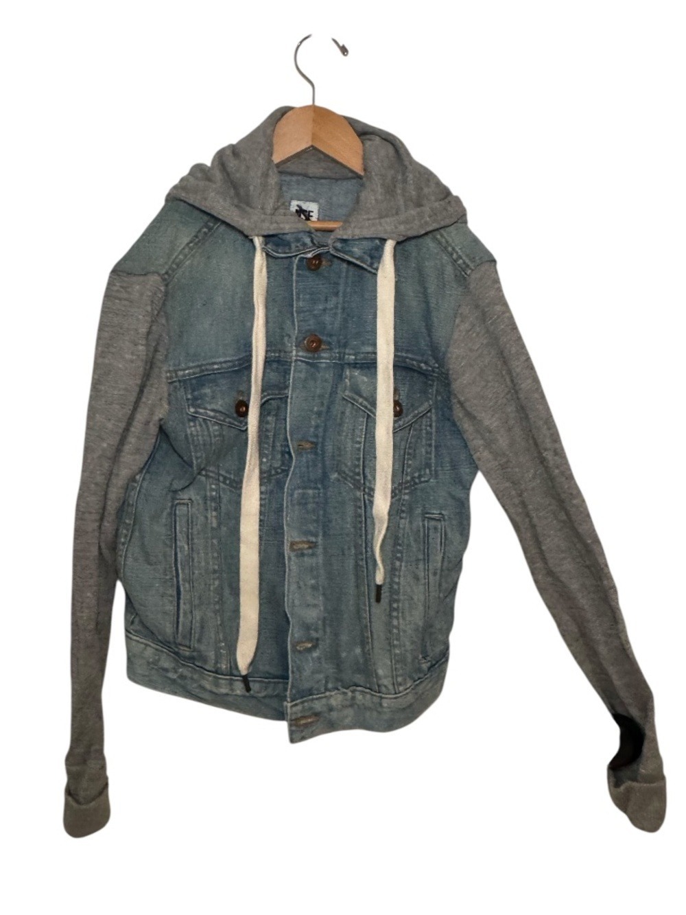 NSF hooded blue denim jacket with grey jersey sleeves and hood - size xs